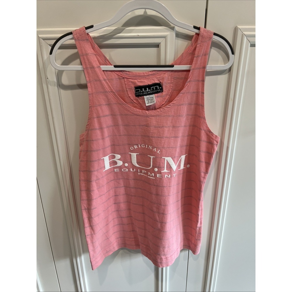 Vtg 90s Bum Equipment Pink Striped Muscle Tank Top Beach Puffy‎ Paint Spellout